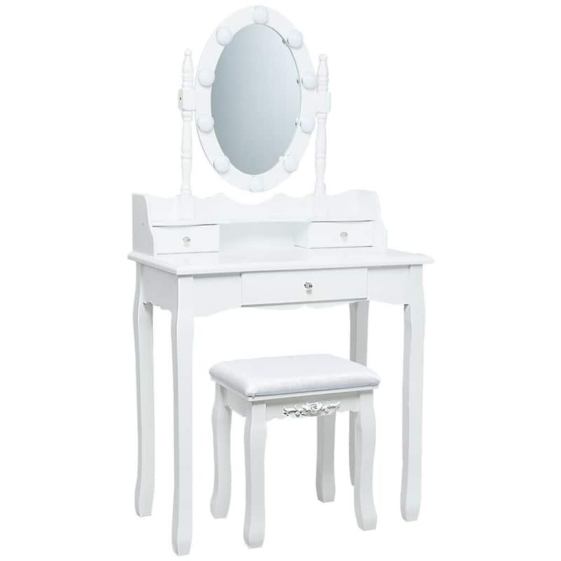 Oval Mirror Vanity Set with 10 LED Dimmable Bulbs and 3 Drawers - 29.5" x 16" x 56.5" (L x W x H)