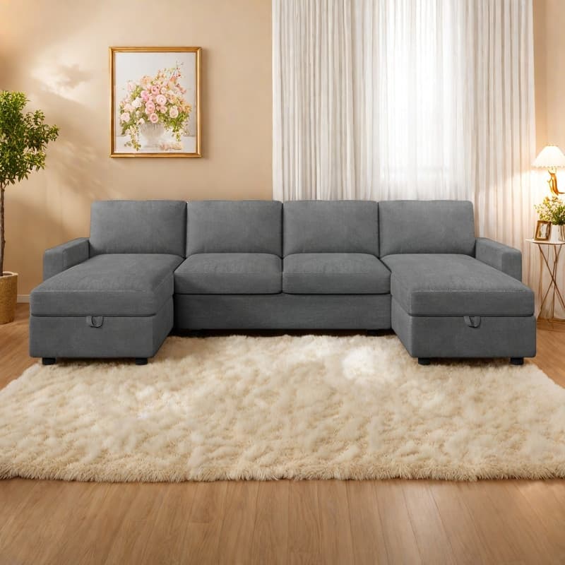 103.9" Polyester U-Shaped Sectional Sofa with 2 Storage Chaises and 4 USB Ports - Dark Gray