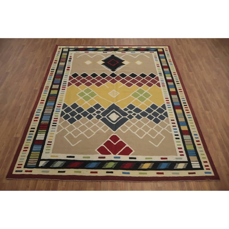 Hand Woven Oriental 100% Wool Carpet Southwestern Modern Multi-Colored Kilim Area Rug - 10' 3'' X 8' 5''
