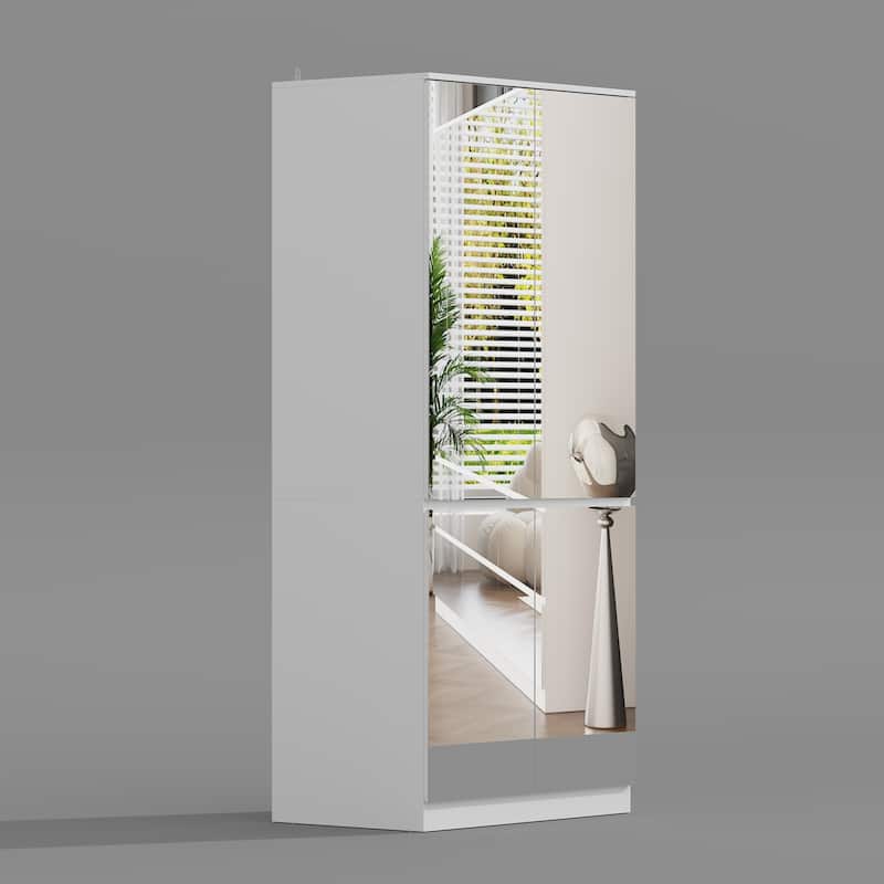 Modern Mirrored Wardrobe Armoire with Hanging Rod White Bedroom Storage Cabinet, Freestanding Closet Organizer