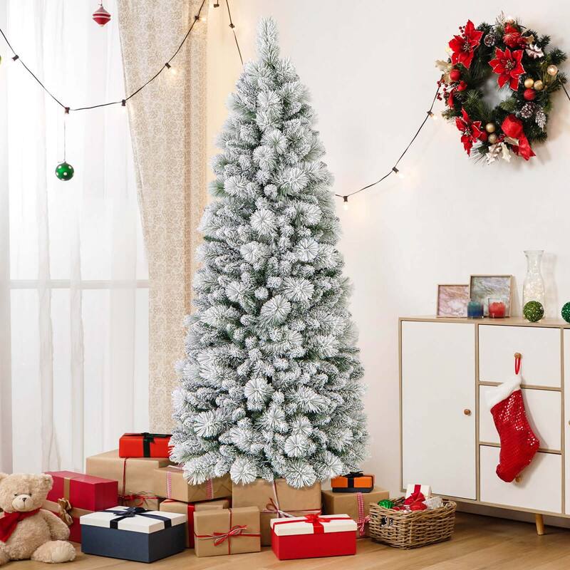 Costway 6/7 FT Flocked Christmas Tree with Pine Needles 517/680 Branch