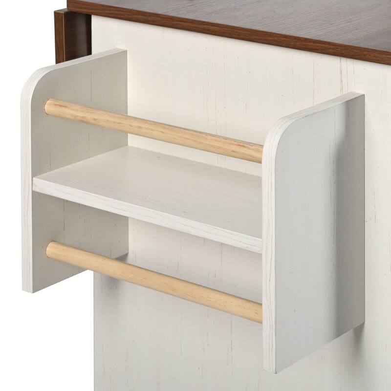 55.5" Farmhouse Kitchen Island with Drop Leaf, Power Outlet, Rolling Wheels and Spice Rack - 55.5'' x 28.75'' x 36.9''