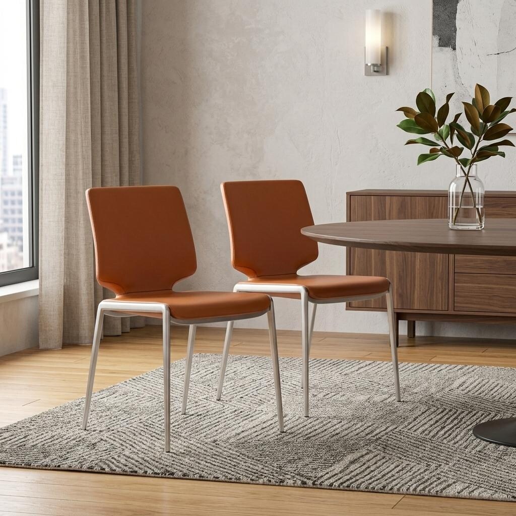 HomeRoots Set of Two Terra Cotta And Silver Upholstered Faux Leather Dining Side Chairs - 18.00 in. x 32.60 in. x 21.00 in.