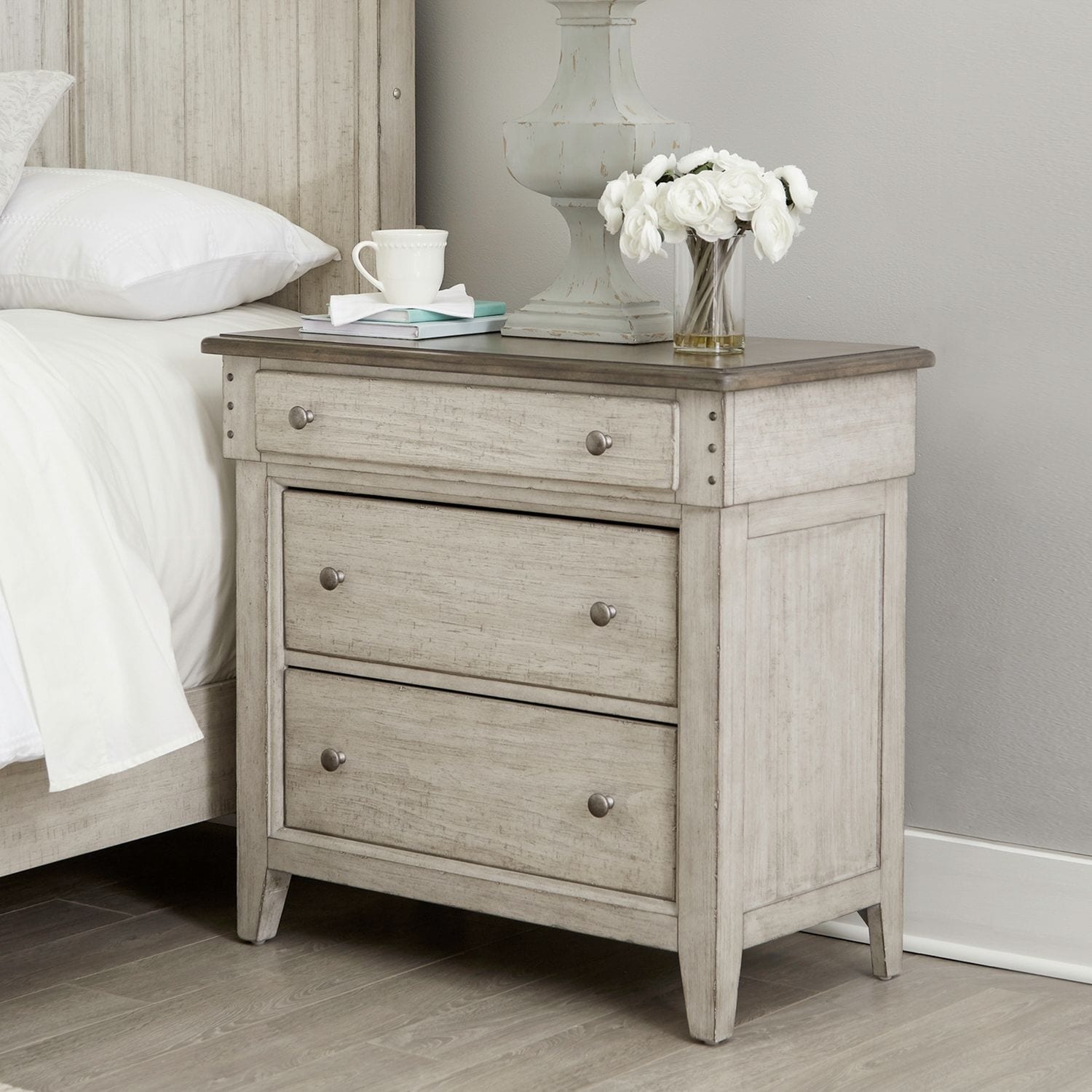 Liberty Furniture Ivy Hollow 3 Drawer Bedside Chest with Charging Station Weathered White