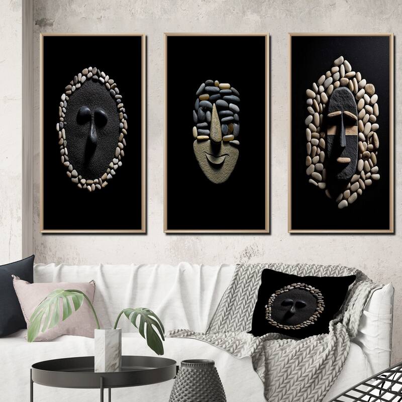 Designart "Black And White African Tribal Mask IV" African Framed Wall Art Set Of 3 Frame Gallery Set For Office Decor