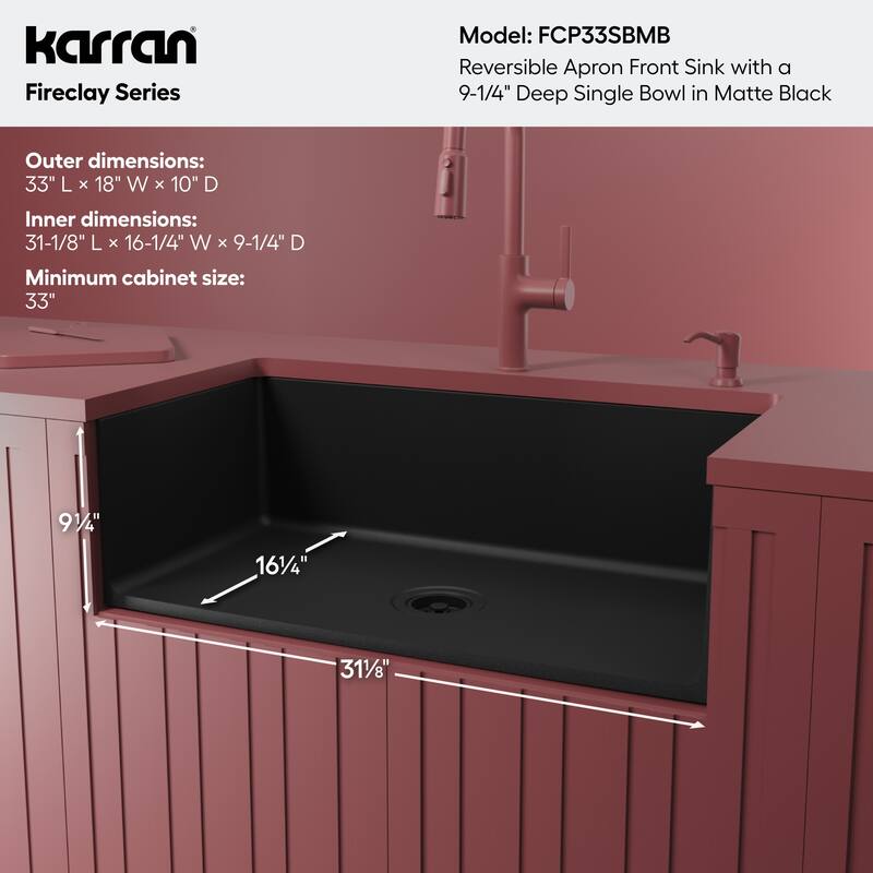 Karran FCP33SB 33" Single Bowl Panel Front Farmhouse Fireclay Kitchen Sink with Reversible Apron Front