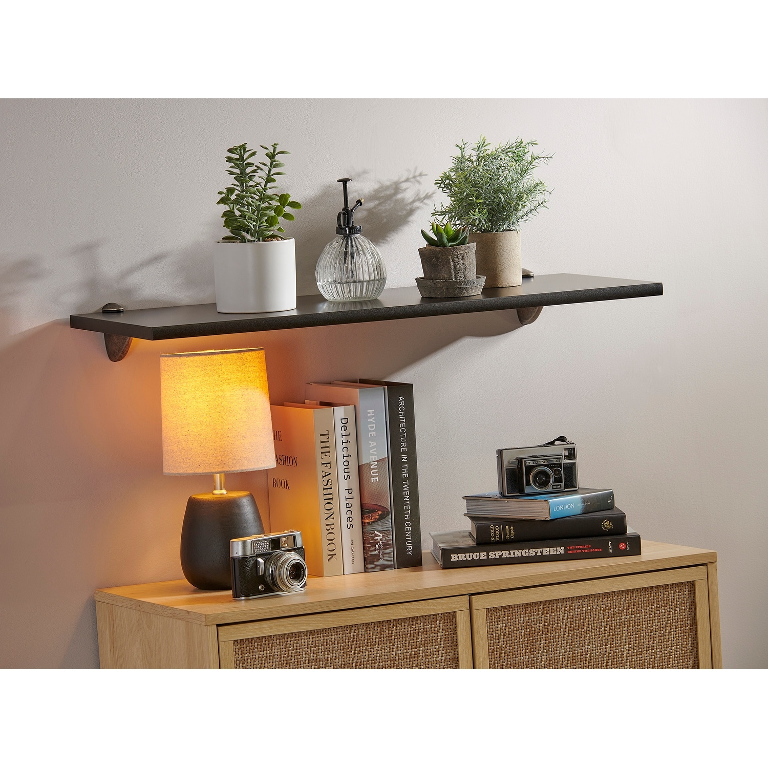 Wallscapes Black Wood Wall Shelf Classic Display with Pewter Pelican Brackets