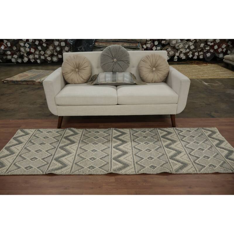 Hand Knotted Oriental 100% Wool Carpet Modern Geometric Greys & Charcoal Modern Gotti Design Runner Rug - 7' 11'' X 2' 7''