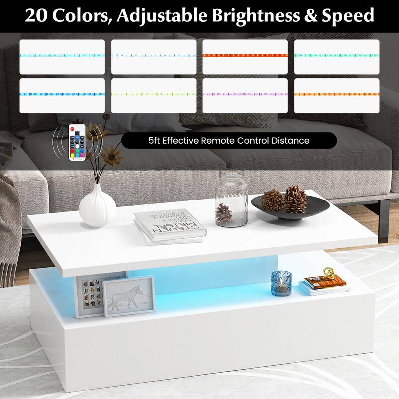 Gymax LED Coffee Table 2-Tier High Glossy with Adjustable Light &