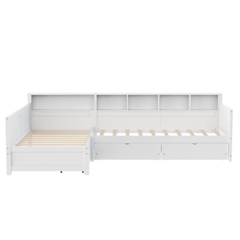 L-Shape Twin Size Day Bed for 2 with Storage Drawers and Bookshelf by Harper&Bright Designs