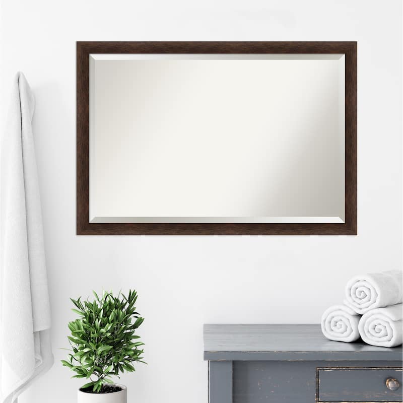 Warm Walnut Narrow Beveled Wood Framed Bathroom Vanity Wall Mirror - Warm Walnut Narrow