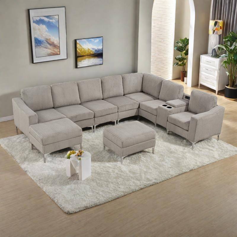 129.14" Corduroy 6-Piece Modular Sectional Sofa with 2 Storage Ottomans, USB Charging and Cup Holders - Gray
