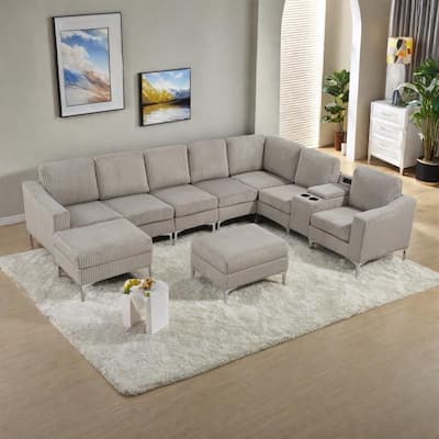 129.14" Corduroy 6-Piece Modular Sectional Sofa with 2 Storage Ottomans, USB Charging and Cup Holders