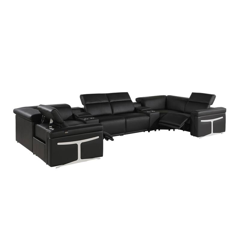 HomeRoots Black Italian Leather Power Reclining U Shaped Eight Piece Corner Sectional With Console