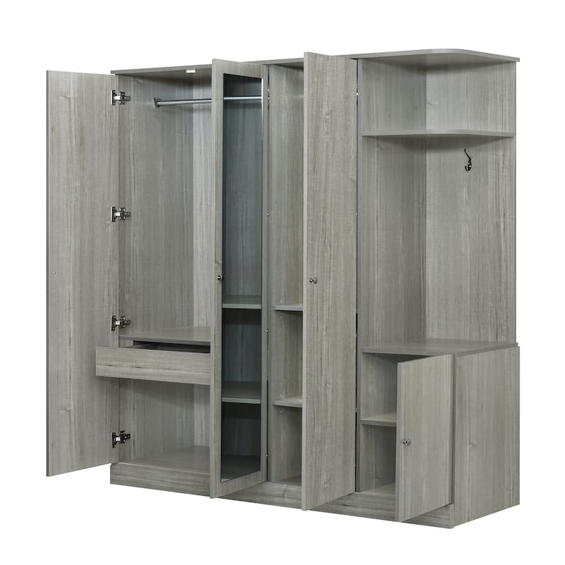 Modern Freestanding Wardrobe Closet With Storage Shelves and Full-Length Mirror