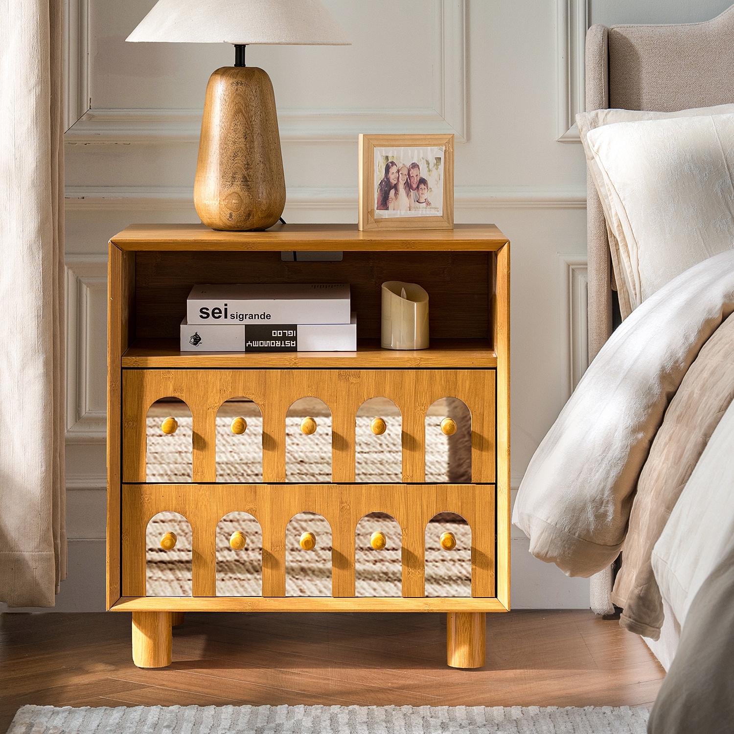 Natural Bedside Cabinet Nightstand File Cabinet with Open Shelf, Storage Cabinet Lamp Table with Drawers