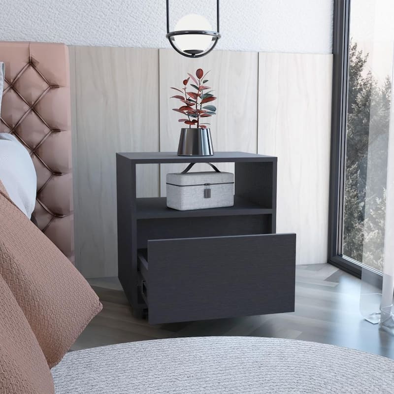 Modern Black Nightstand with Drawer and Casters, Space-Saving End Table for Bedroom or Living Room