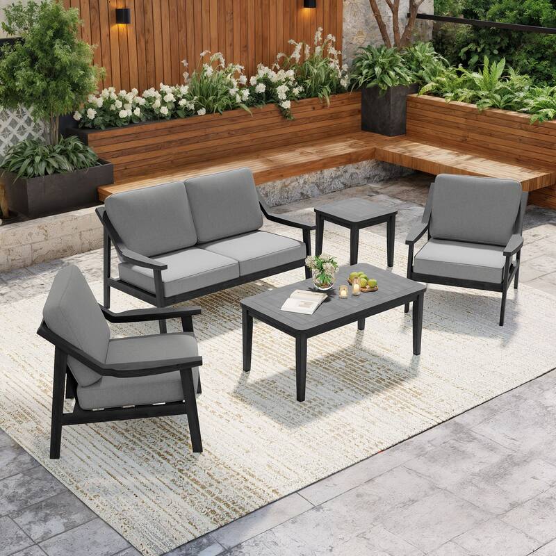 5-Piece Outdoor Sectional Wood Conversation Set with Table - Grey - Black Wood