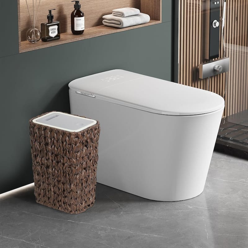 Small Bathroom Trash Can with Lid 2.6 Gallon Rattan Basket Slim Wicker Press Top for Bathroom Kitchen Office Brown