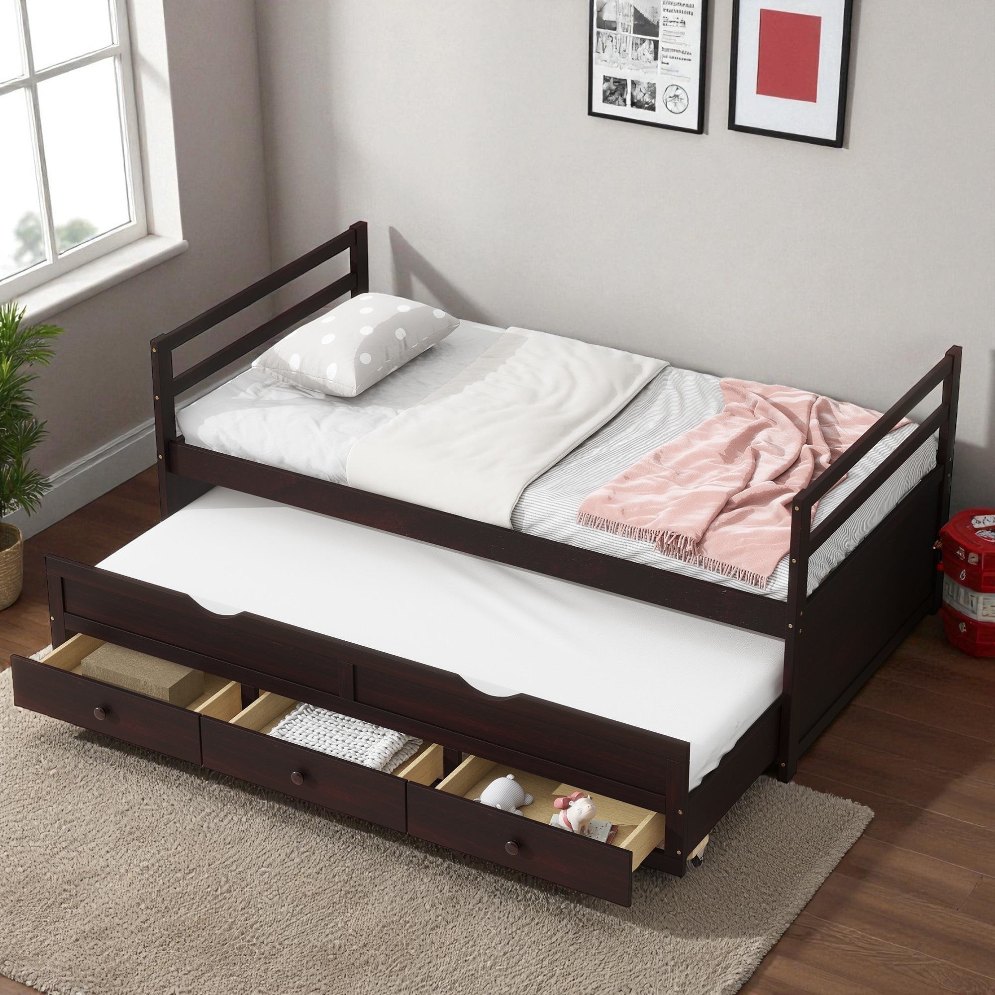 Twin Size Bed with Headboard, Footboard, Trundle, and Three Storage Drawers, Solid Pine Wood Twin Bed Frame with Storage