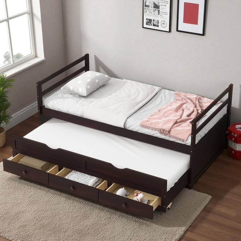 Twin Size Bed with Headboard, Footboard, Trundle, and Three Storage Drawers, Solid Pine Wood Twin Bed Frame with Storage - Espresso - Twin