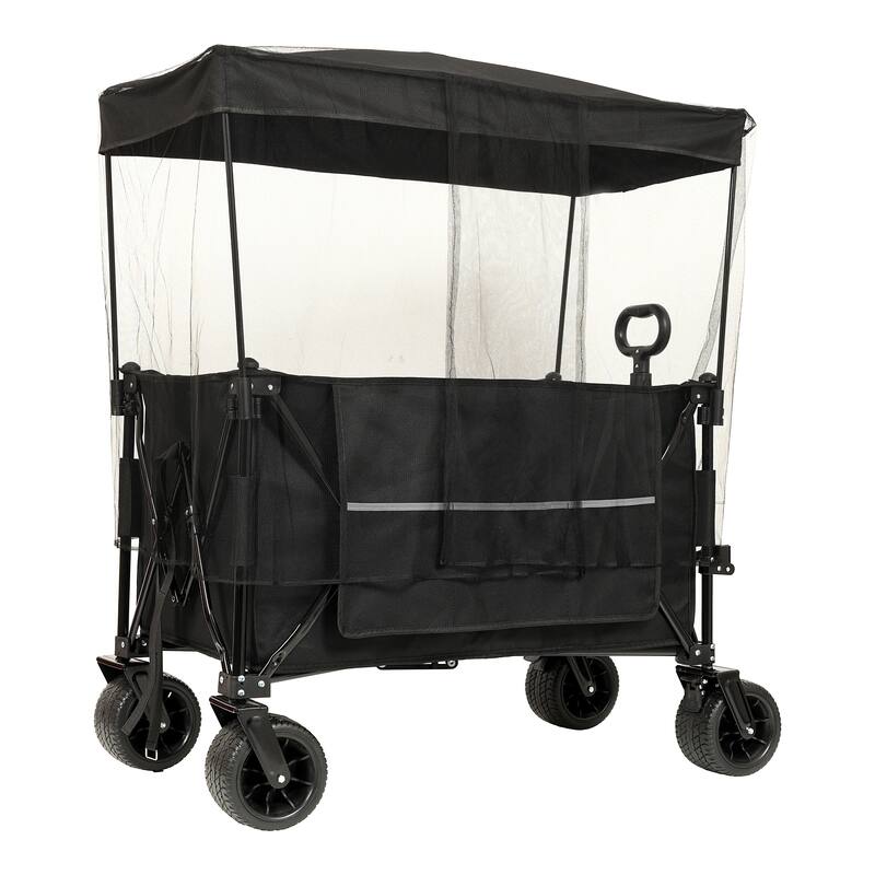Deluxe 480lb Extended Folding Wagon with Canopy & Mosquito Net - All-Terrain Wheels, Drink Holders & Brakes