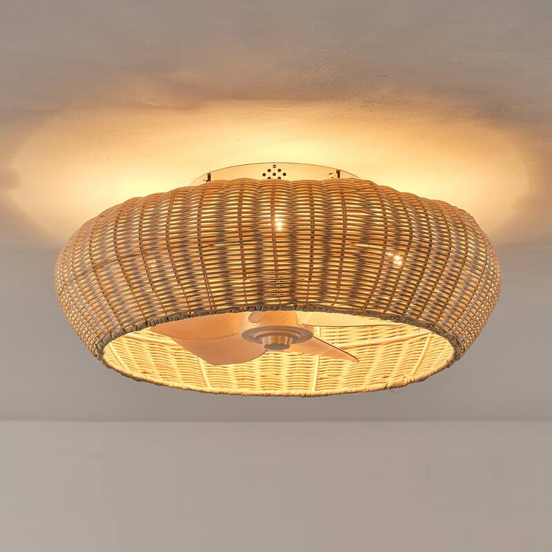 20-inch Boho Distressed White Chandelier Flush Mount Ceiling Fan with Remote and Hand-Woven Rattan Shade - 19.7" W x 7.08" H