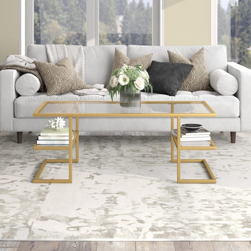 Sleek 47 Inch Rectangular Coffee Table with Glass Top and Steel Frame 2 Shelves for Storage - 47"L x 22"W x 18"H