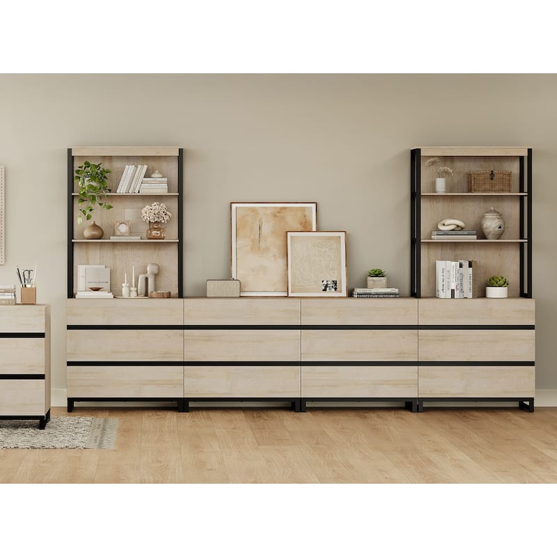 WAMPAT Modern TV Stand with 3 Tiers Bookshelf, Farmhouse Entertainment Center with 12 Drawers and Adjustable Shelf