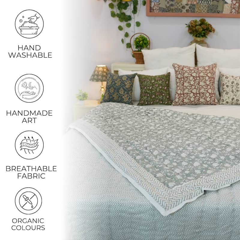 Fabdivine Handmade Luxury Hand Block Print Cotton Quilt - Both Side Printed Blue White Floral, Double-Sided Reversible Bedspread