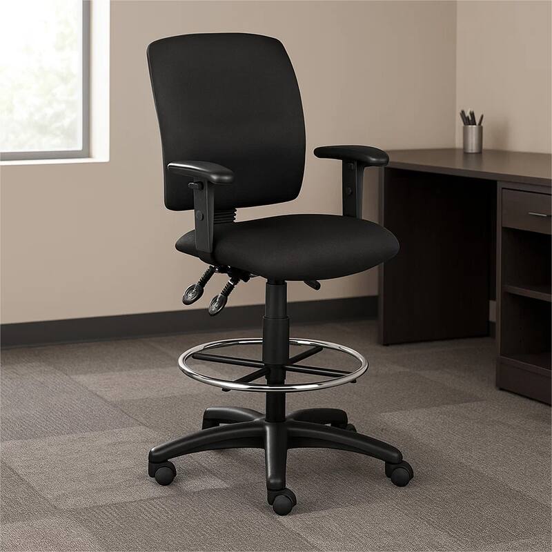 Jea Drafting Stool, Seat Tilt Lock, Adjustable Arms, Black Crepe