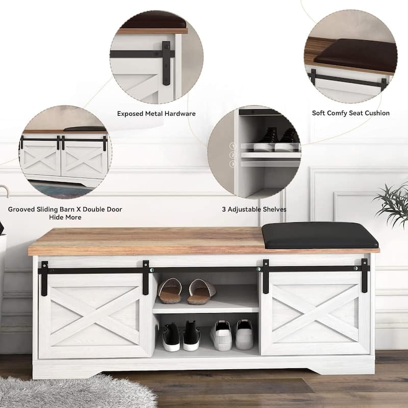47" Farmhouse Entryway Shoe Bench with Thickened Cushion