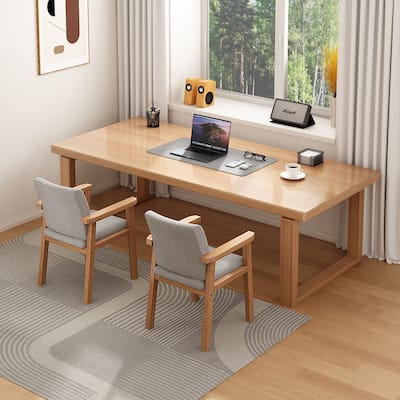 Double Computer Desk with 2 Chairs, Two Person Desk Workstation for Home Office, Natural