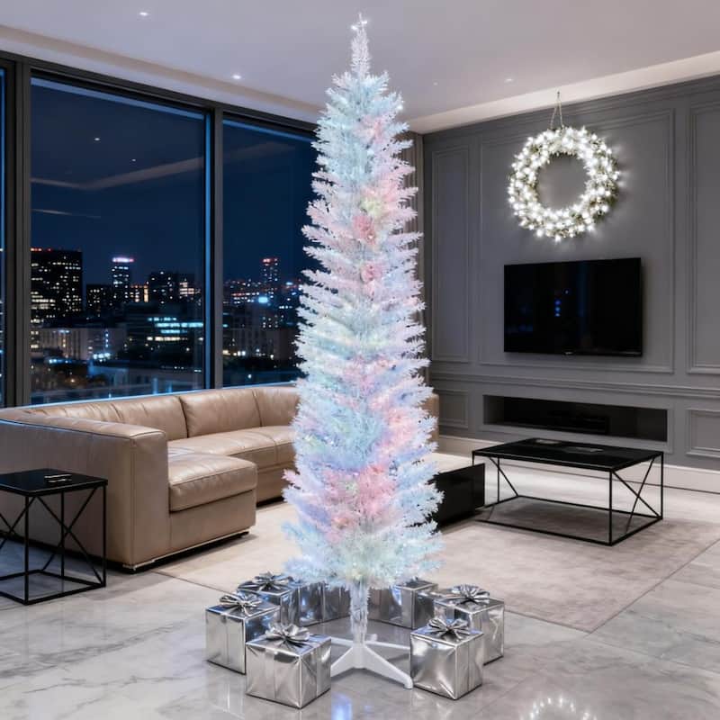 5FT Intdoor Pencil Artificial Christmas Tree with Colorful LED Lights - White - 5 Foot