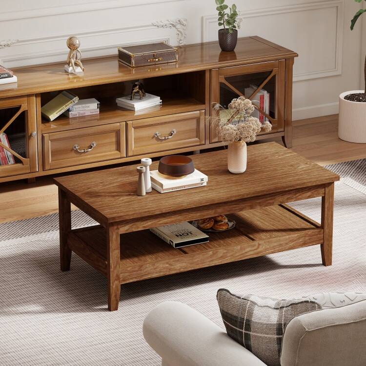 Engineered Wood Coffee Table 2-Tier with Storage and Raised Shelf - 47" x 23.5" x 18"