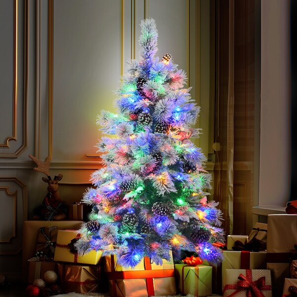 4ft Pre Lit Spruce Snow Flocked Christmas Tree Artificial Xmas Tree with 170 Branch Tips Mixed PE PVC Branches White Green