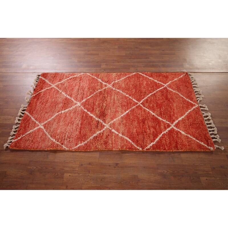 Orange Plush Trellis Moroccan Accent Rug Hand-Knotted Wool Carpet - 3'1" x 5'7"