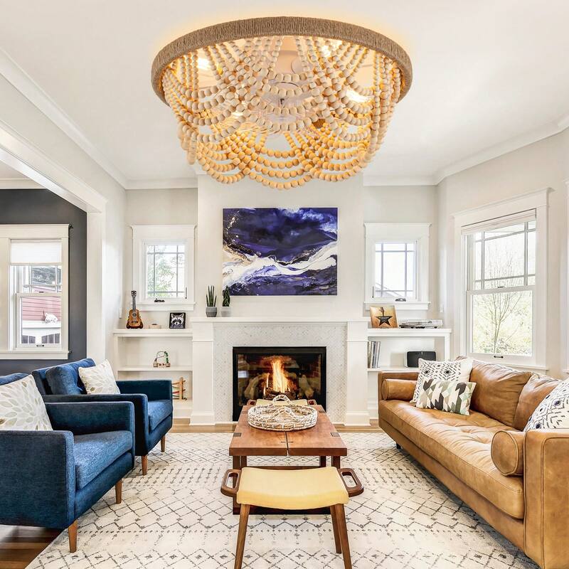 Cusp Barn 20" Boho Caged Ceiling Fan with Light and Remote, Flush Mount Low Profile Fandelier, Famhouse Wood Beaded Ceiling Fan