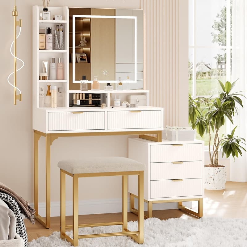 Vanity Desk with LED Mirror and Stool, Movable Side Cabinet, 5 Drawers,