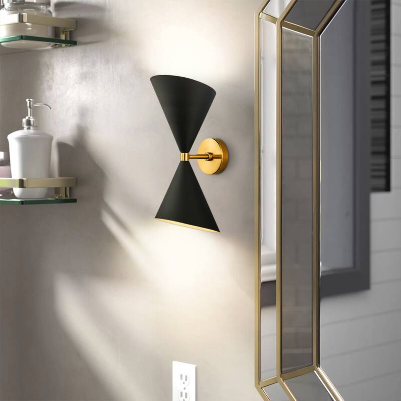 2-Pack 2-Light Industrial Cone Adjustable Head Bathroom Vanity Light Dual Horn Hourglass Black Gold Wall Sconce