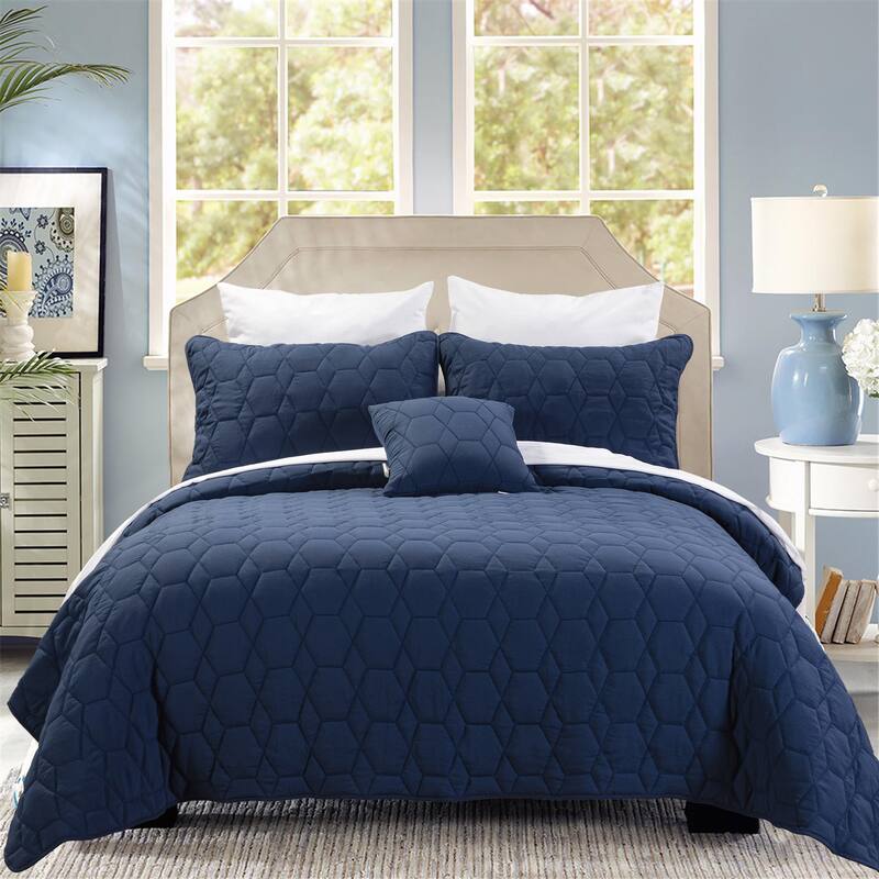 4 Piece Honeycomb Quilt Set by HULALA HOME - BLUE - Queen
