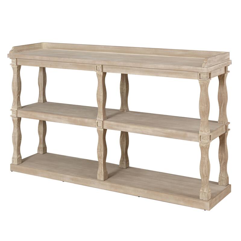 60" Console Table with 3-Tier Open Storage Shelves and Roman Column Support, Elegant Narrow Table for Entryway