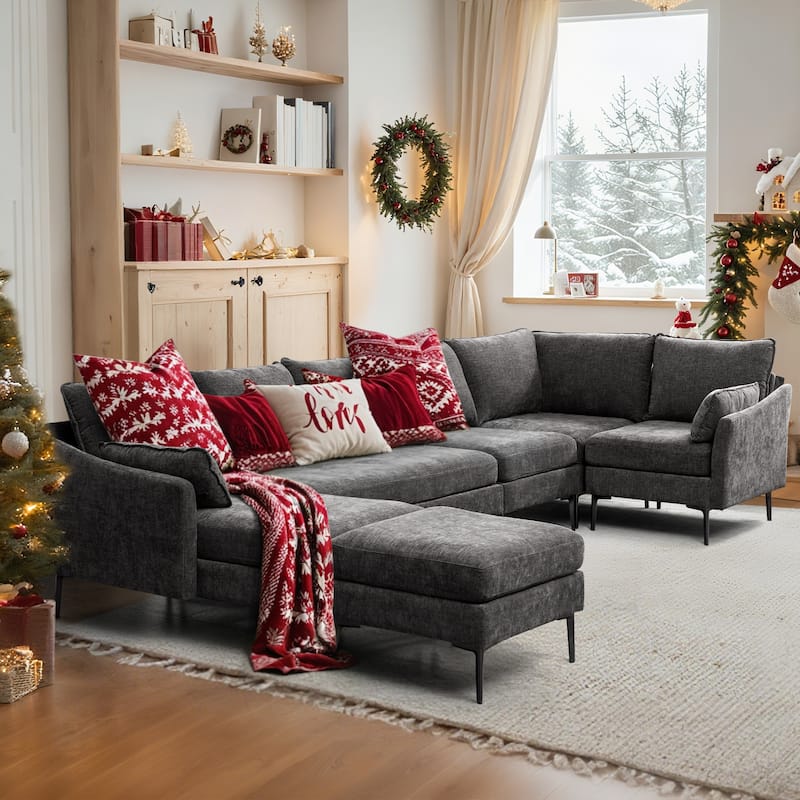 Modern Chenille Sectional Sofa with Reversible Chaise and Ottoman, Perfect for Living Rooms with Sleeper Function