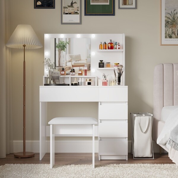 SERNADECORINC Makeup Vanity Desk Set with Mirror Light and Charging Station White