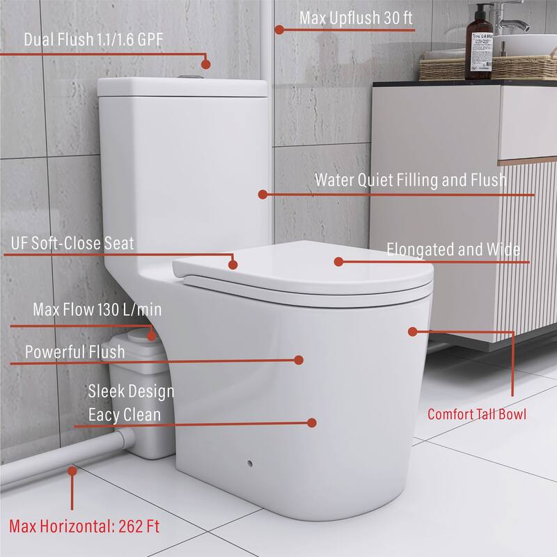 Upflush Toilet,600W Macerating Toilet System,Powerful Dual Flush,Elong 17.25 ADA,Soft-Close,3 Water Inlets to Sink,Shower