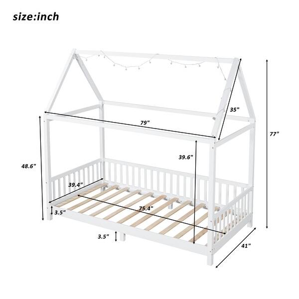 Twin Size Solid Wood House Bed with Guardrail, LED, and Roof for Kids