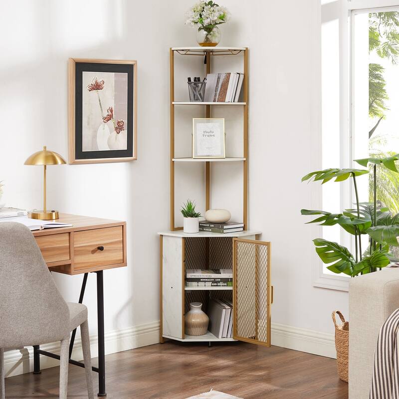 Javlergo 5-tier Wood Bookshelf Bookcase Display Corner Shelf with Storage and Glass Holder 63" Wine Bar - 1 PCS - Gold