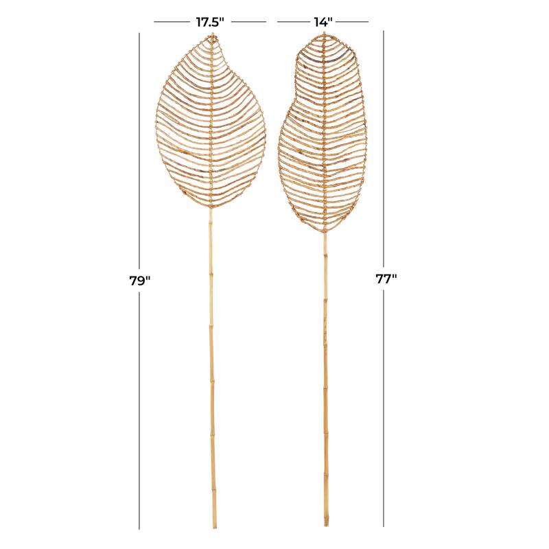 Light Brown Bamboo Wood Handmade Tall Palm Leaf Woven Stick Leaf Home Decor Natural Foliage with Varying Shapes (Set of 2)