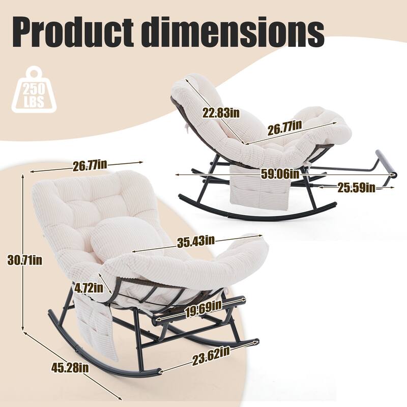 HOMEFUN Corduroy Upholstered Egg Shaped Design Steel Frame Rocking Chair with Side Pocket and Foot Pedal