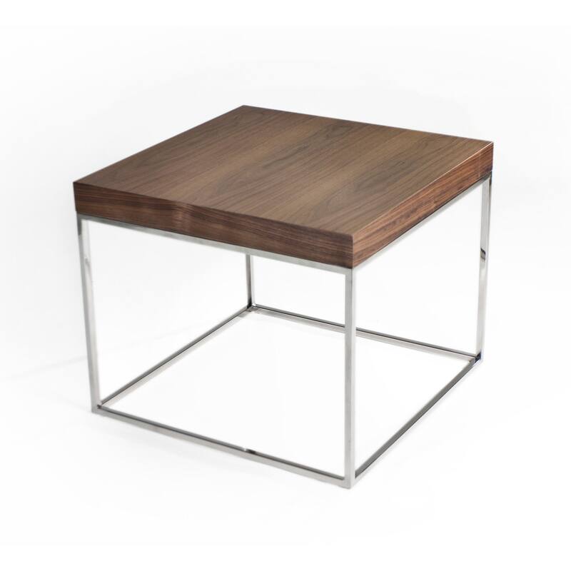 Zen 24 Inch Side End Table, Square, Brown Wood Top, Chrome Steel Frame